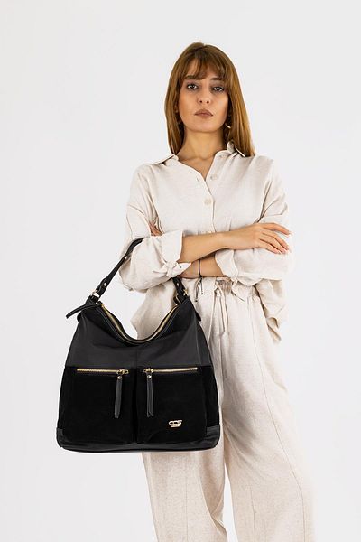 Getcho Aspen Black Genuine Leather Suede Women's Shoulder Bag Large Size Stylish Model with Large Volume Zippered Pocket