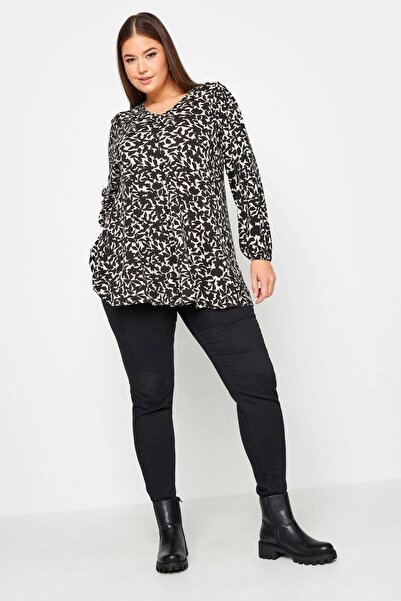 Stil Diva Plus Size V-neck Long Sleeve Elastic Sleeves Patterned Blouse302721