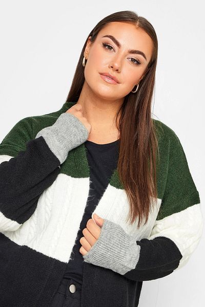 Stil Diva Large Size Midi Length Striped Long Sleeve Knitwear Knitted Cardigan302146