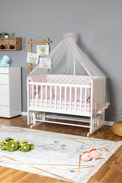 Bamgidoo Ahşap Beşik Anne Yanı Bebek Beşik Beyaz 70x130 - Pembe Balina Uyku Seti Yataklı