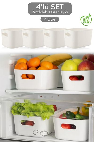 Meleni Home 4-Piece Refrigerator - In-Cabinet Organizer, 4 X 4 Liter White Storage Container