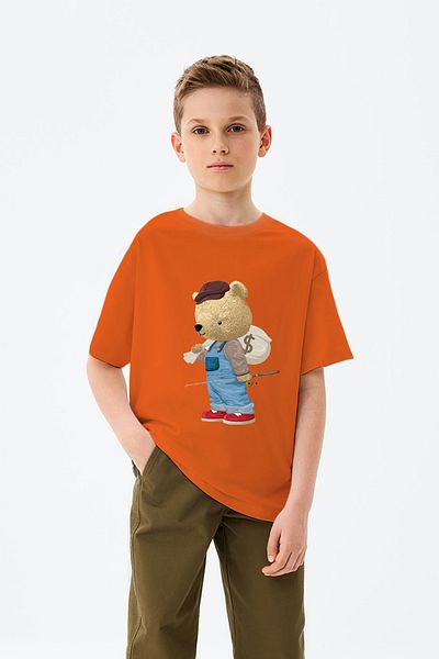 ADABEBEK Fishing Rod Detailed Fisherman Teddy Bear Printed Boy's T-Shirt
