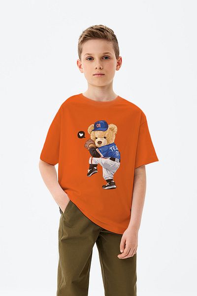ADABEBEK Playing Baseball Teddy Bear Printed Boys' T-Shirt