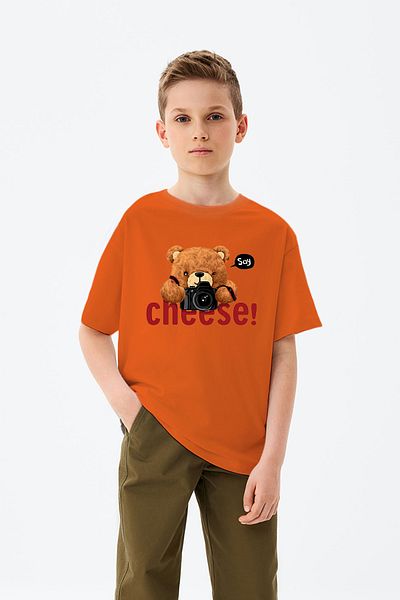 ADABEBEK Say Cheese Written Toy Teddy Bear Printed Boys' T-Shirt