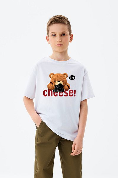ADABEBEK Tricou pentru băieți cu imprimeu Say Cheese Jucărie scrisă ursuleț
