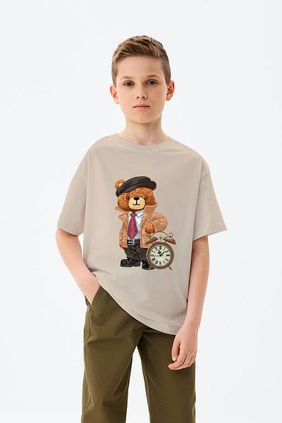ADABEBEK Teddy Bear τυπωμένο μπλουζάκι για αγόρι με καπέλο ξυπνητηριού