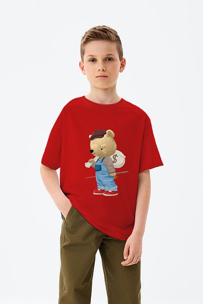 ADABEBEK Tricou pentru băiat cu imprimeu ursuleț de pluș cu undiță de pescuit