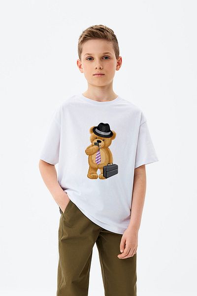 ADABEBEK Tricou pentru băiat cu imprimeu ursuleț de pluș cu desen cu selfie