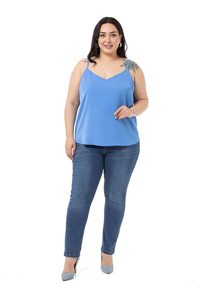 DISENTIS MODEST Large Size High Waist Slim Leg Blue Denim Trousers
