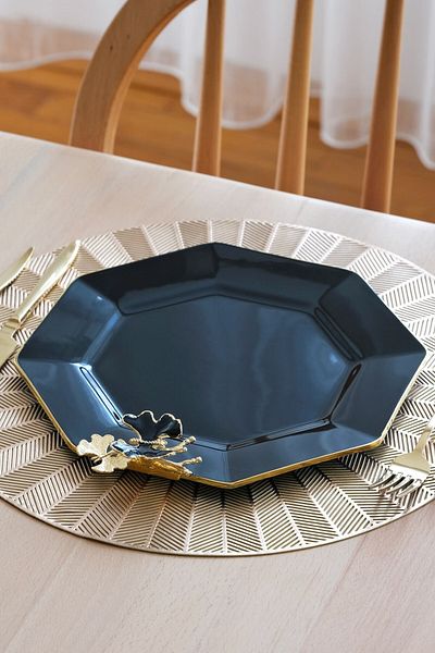 Glore Dolmabahçe Octagonal Black Gold Gilt Glass Serving Plate Set for 6 People