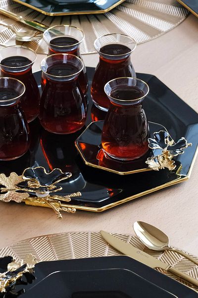 Glore Dolmabahçe Octagonal Black Gold Gilt Glass Tray