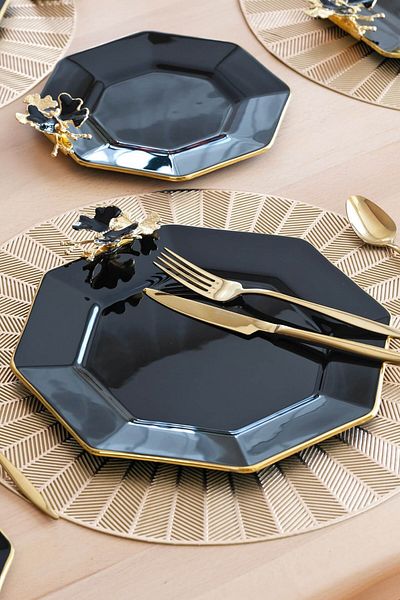 Glore Dolmabahçe Octagonal Black Gold Gilt Glass Serving Plate Set for 6 People