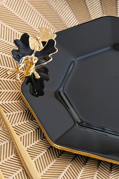 Glore Dolmabahçe Octagonal Black Gold Gilt Glass Cake Plate Set for 6 People