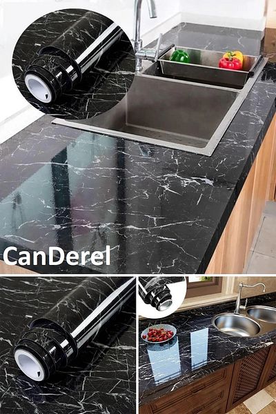 Canderel 5 metri model de marmură neagră - folie adezivă pentru blat de bucătărie, masă, dulap, ignifugă și impermeabilă