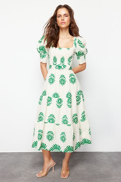Trendyol Collection Green Patterned Square Neck Linen Look Belted Midi Woven Dress TWOSS24EL00779