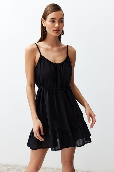 Trendyol Collection Plážové oblečení Černé mini tkané šaty s páskem TBESS24EL00021