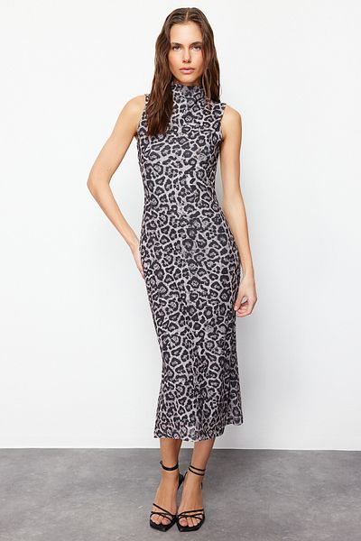 Trendyol Collection Flexible Knitted Midi Pencil Dress - Anthracite, Leopard Print, Stand Collar, Zero Sleeve - TWOSS24EL00678
