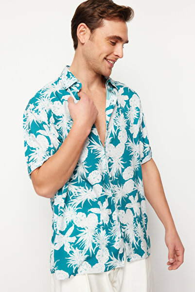 Trendyol Collection Uniszex kék, nagyméretű ananász nyomott ing - 100% viszkóz, rövid ujjú, laza nyári Tmnss24go00041