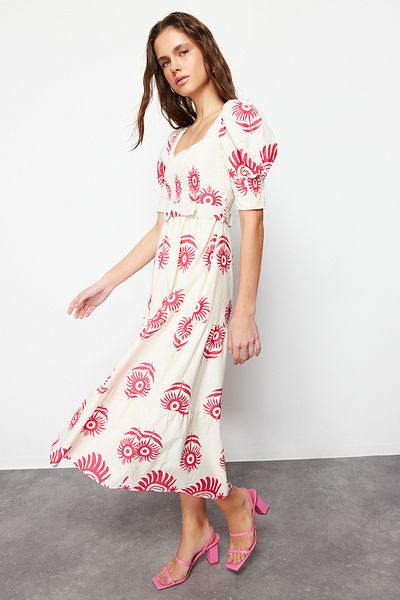 Trendyol Collection Μίντι υφαντό φόρεμα με ροζ στάμπα με τετράγωνο λαιμό λινό με ζώνη TWOSS24EL00779