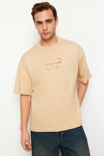 Trendyol Collection Mink Oversize/Wide Cut Gel Animal Printed 100% Cotton T-shirt TMNSS24TS00066