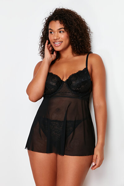 Trendyol Curve Μαύρο ψηλόμεσο σετ με δαντέλα με ρυθμιζόμενο στήθος και στρινγκ TBBSS24DH00001