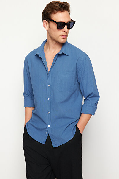 Trendyol Collection Sötétkék normál szabású 100% pamut ing TMNSS24GO00063