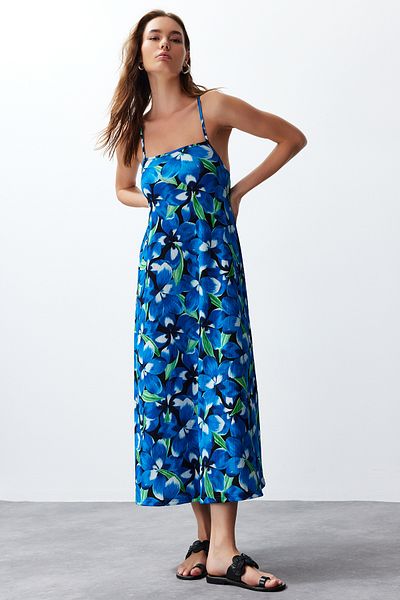 Trendyol Collection Imprimeu albastru - Bretele reglabile Rochie maxi cu decolteu patrat TWOSS24EL00060