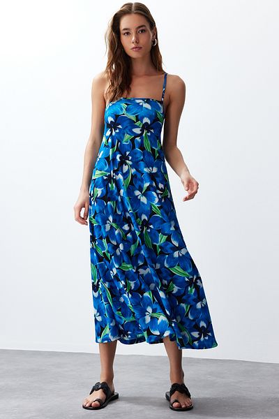 Trendyol Collection Imprimeu albastru - Bretele reglabile Rochie maxi cu decolteu patrat TWOSS24EL00060