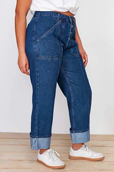 Trendyol Curve Tmavomodré kučeravé džínsy rovného strihu TBBSS24CJ00004