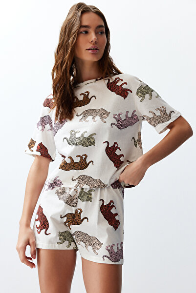 Trendyol Collection Dámské párové/pár ecru 100% bavlna s tygřím potiskem pletené pyžamo s šortkami THMSS24PT00078