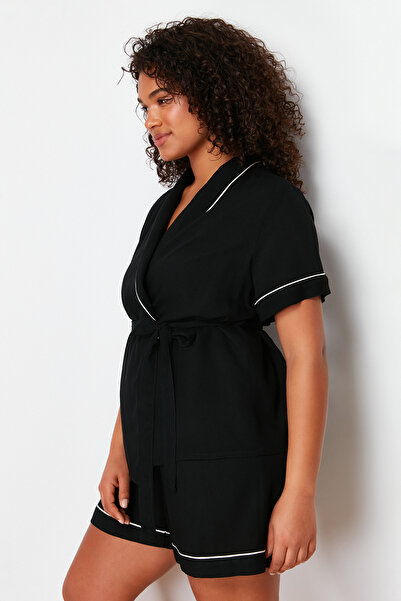Trendyol Curve Black Lacing and Piping Detailed Woven Pajamas Set TBBSS24AI00023