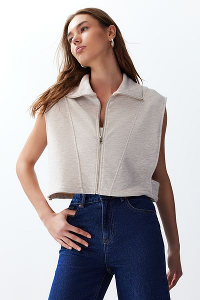 Trendyol Collection Beige Melange Relaxed/Comfortable Fit Zippered Stand Collar Moon Sleeve Thick Vest Twoss24Ye00011