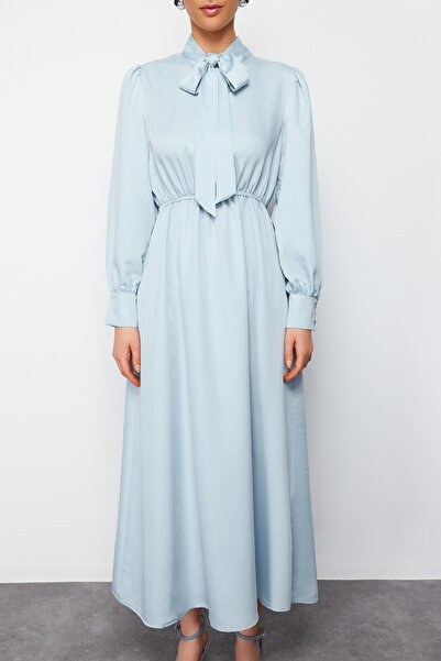Trendyol Modest Γαλάζιο γιακά δεμένο ίσιο υφαντό Φόρεμα TCTSS24EB00136