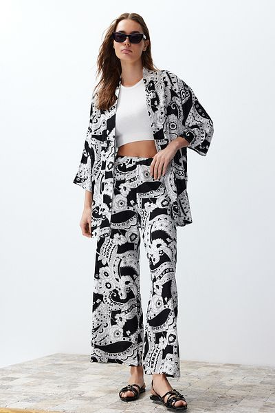Trendyol Collection Patterned Black Kimono and Pants Set - Twoss24Au00083