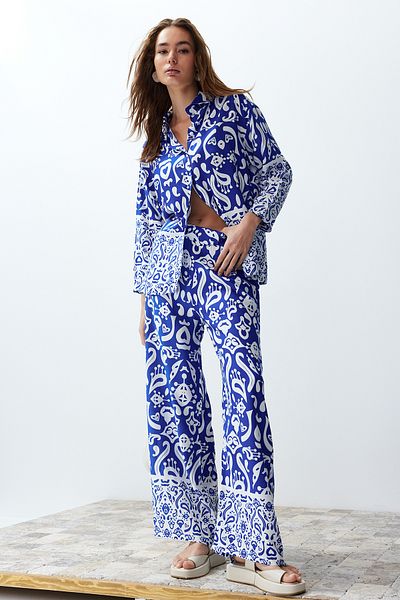 Zebra Patterned Blue Woven Shirt and Trousers Set - Twoss24Au00082