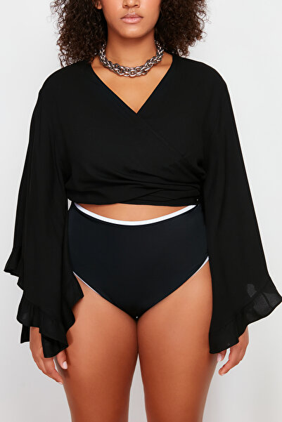 Trendyol Curve Μαύρο Crop μανίκι βολάν Flounces Διπλό στήθος γιακά Μπλούζα Beach Wear Plus Size TBBSS24AF00071