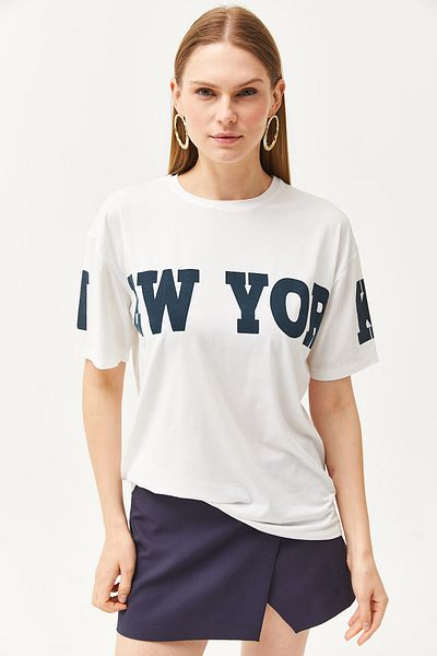 Olalook Women's Ecru New York Printed T-Shirt TSH-19000791