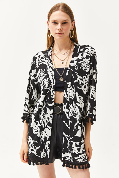 Olalook Kadın Desenli Siyah Püsküllü Salaş Örme Kimono KMN-00000056