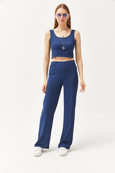 Olalook Damen Indigo Hemdbluse Hose 3-teiliges Set TKM-19000270