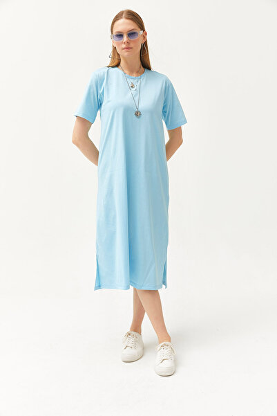 Olalook Kadın Bebe Mavi Yanı Yırtmaçlı Oversize Pamuk Elbise ELB-19001880