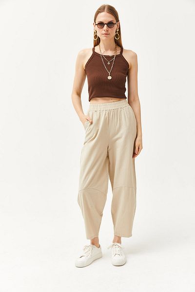 Olalook Damenhose aus Gabardine mit elastischem Bund und Taschen in Steinfarbe PNT-19000267