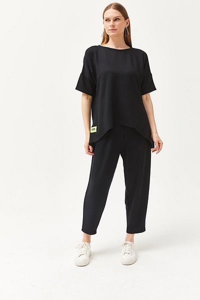 Olalook Women's Black Asymmetrical Blouse Soft Textured Bottom Top Crystal Suit TKM-19000269