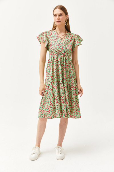 Olalook Damen-Strickkleid mit zweireihigem Kragen und Ärmeln in Grün und Rosa ELB-19002089