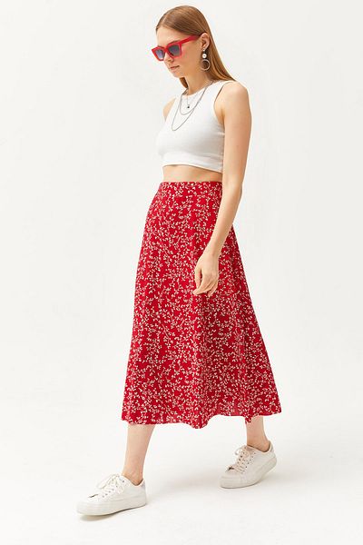 Olalook Women's Japanese Red Elastic Waist Patterned Long Skirt ETK-19000259