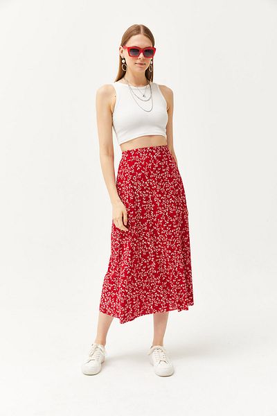 Olalook Women's Japanese Red Elastic Waist Patterned Long Skirt ETK-19000259