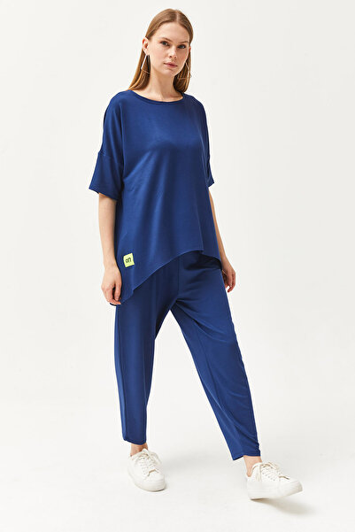 Olalook Women's Navy Blue Asymmetrical Blouse Soft Textured Bottom Top Crystal Suit TKM-19000269