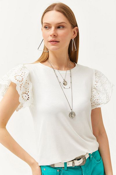 Olalook Women's Ecru Sleeve Scalloped Knitted Viscose Blouse BLZ-19002553