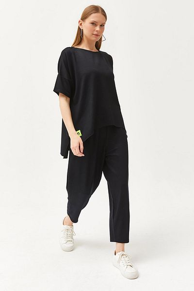 Olalook Women's Black Asymmetrical Blouse Soft Textured Bottom Top Crystal Suit TKM-19000269