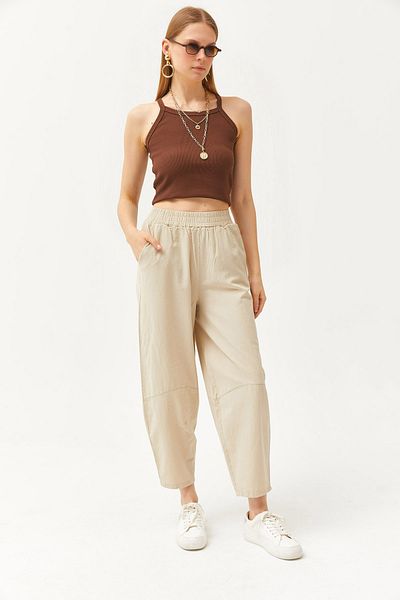 Olalook Damenhose aus Gabardine mit elastischem Bund und Taschen in Steinfarbe PNT-19000267