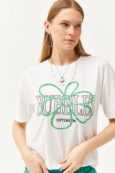 Olalook Women's Ecru Bubbles Printed T-shirt TSH-19000789